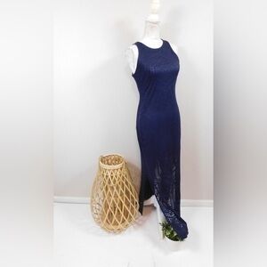 Chiffon Double Split Sleeveless Dress XXL Navy Blue